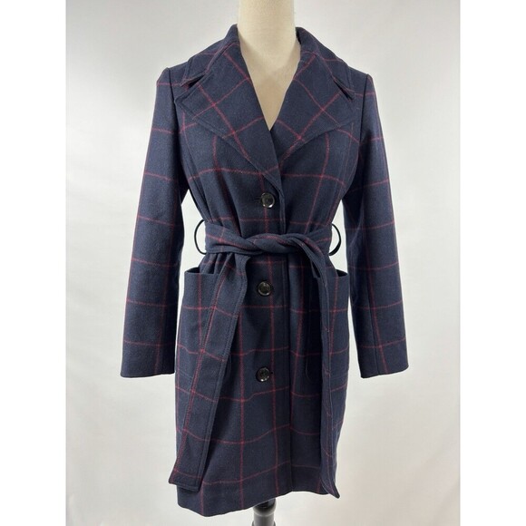 Banana Republic Melton Wool Coat Navy Blue Red Windowpane Plaid Petite XS XSP - Picture 1 of 11